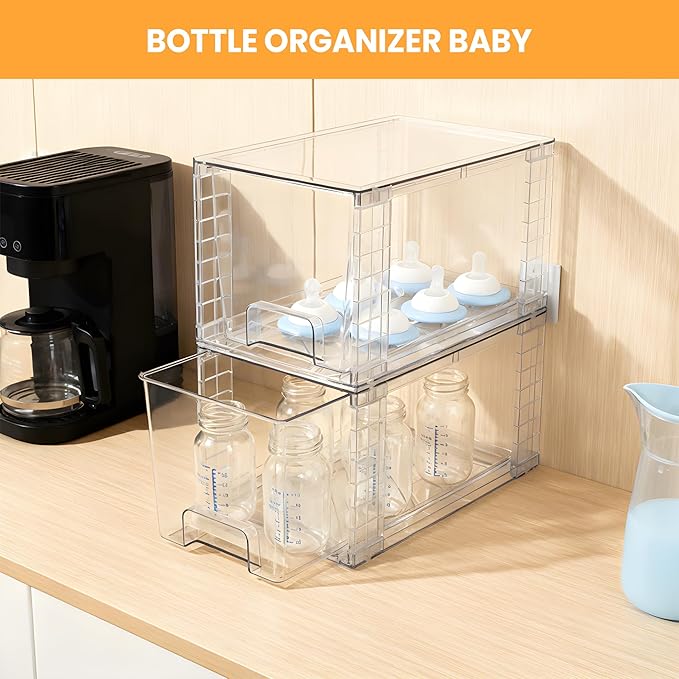 4 Pack Large Stackable Storage Drawers, Acrylic Bathroom Undersink Closet organizers and storage, Clear Plastic Bins for Pantry, Kitchen Cabinets, Makeup, Perfume, Baby Bottles, Medicine Organization