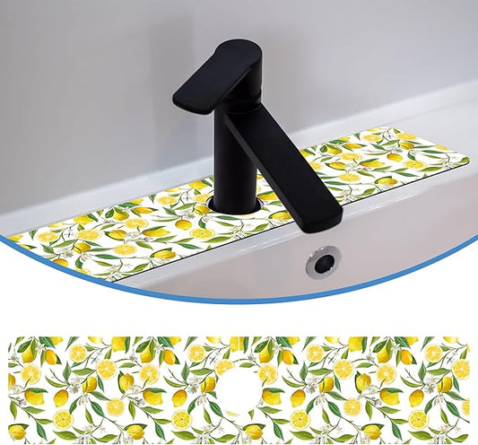 Lemon Fruit Faucet Mat Splash Guard Flower Leave Lemon, Soft Diatom Mud Material, Strong Water Absorption, Non-slip,Easy to Clean for Bathroom, Kitchen 23.5"X5.5"