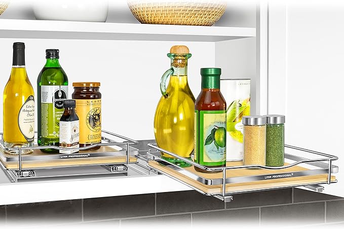 LYNK PROFESSIONAL® Élite™ Pull Out Spice Rack Organizer for Inside Kitchen Cabinets - 10-3/8 inch Wide - Slide Out Drawer – Wood/Chrome Sliding Spice Cabinet Organization Shelf Racks - 1 Tier