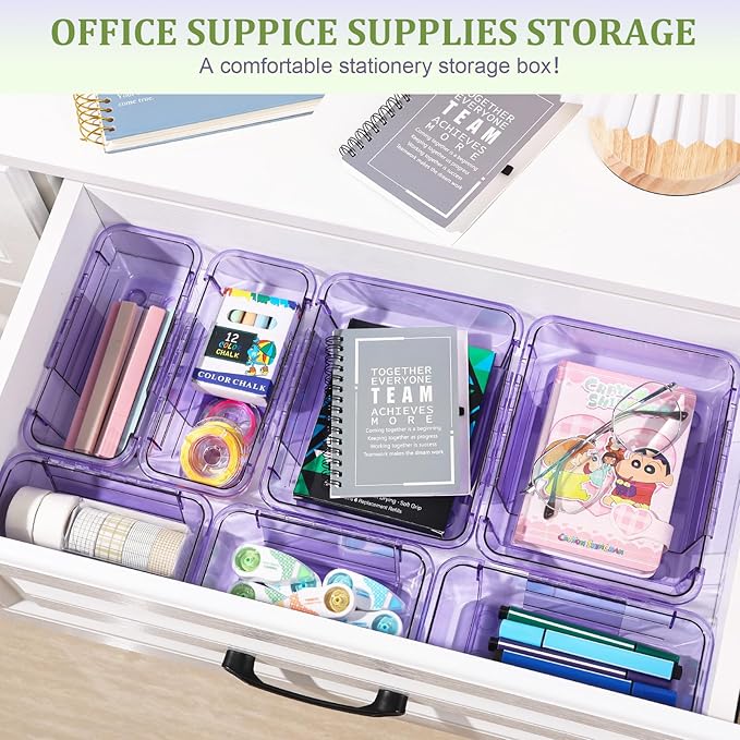 15 Pcs Adjustable Clear Drawer Organizer, All Extendable Vanity Storage Bins, Desk Drawer Organizer Set for Makeup, Cosmetics, Bedroom, and Gadgets, Purple