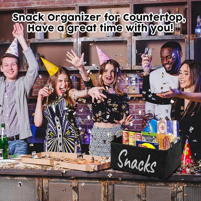 2 PCS Snack Bin Organizer for Pantry, Snack Basket Organizer for Countertop with Wooden Handles Thickened Felt Snack Storage Containers for Storing Chips Pretzels Cookies Popcorn and More
