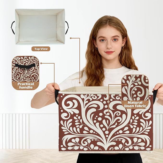Vintage Reddish Brown Abstract Floral Storage Box Bins, Boho Classical Art Nouveau Deco Flower Collapsible Storage Basket Organizer for Bedroom Laundry Room Home Clothes Toys Books