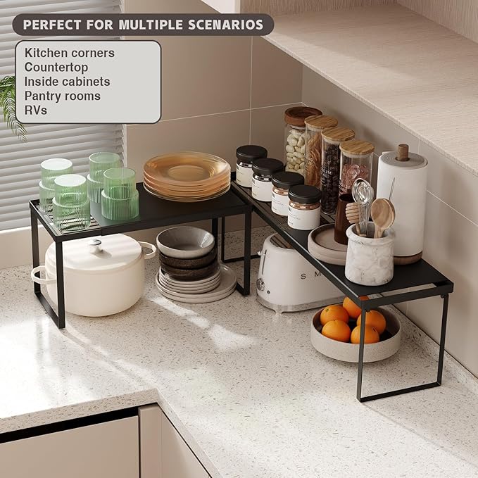 Expandable Cabinet Shelf Organizer, 1 Pack Stackable Kitchen Counter Shelf Riser, Metal Spice Rack Adjustable Heavy Duty Countertop Organizer Storage for Kitchen, Pantry, Cupboard, Rv (Black)