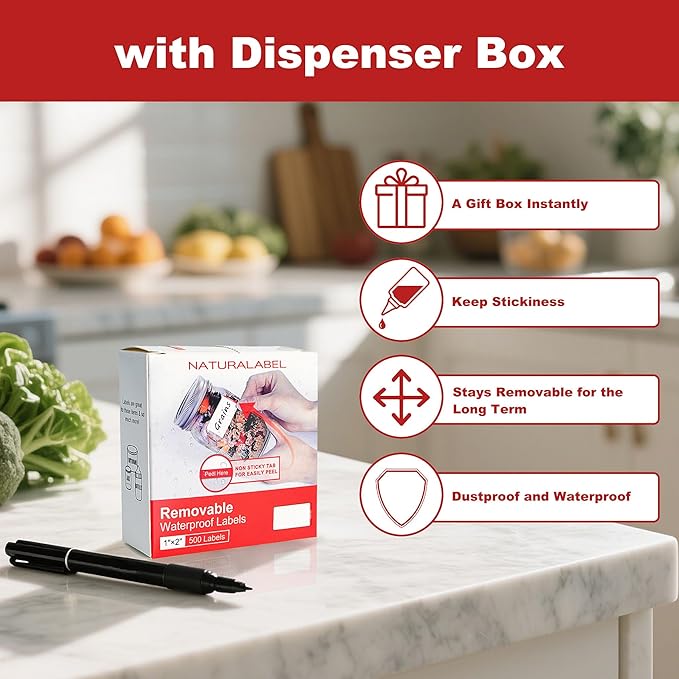 NATURALABEL 500 PCS Blank Removable Freezer Labels with Dispenser - 1" x 2" Food Labels for Meal Prep Containers, Easy Peel-Off Design, No Residue
