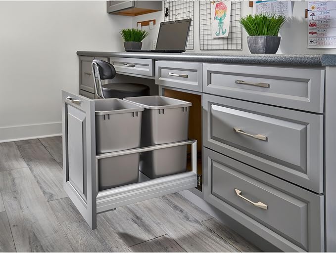 Rev-A-Shelf Double 35 Quart Pull Out Trash Can for Base Kitchen Cabinets, Storage Garage Bin on Wire Basket with Soft Close, Silver, 5149-18DM-217