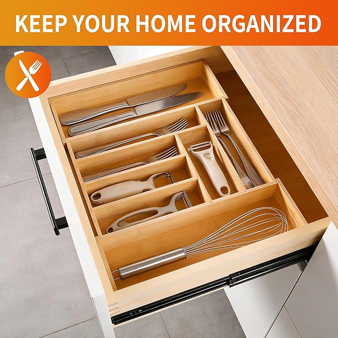 Bamboo Expandable Drawer Organizer for Utensils Holder, Wood Drawer Dividers for Silverware, Flatware, Knives in Kitchen, Bedroom, Living Room