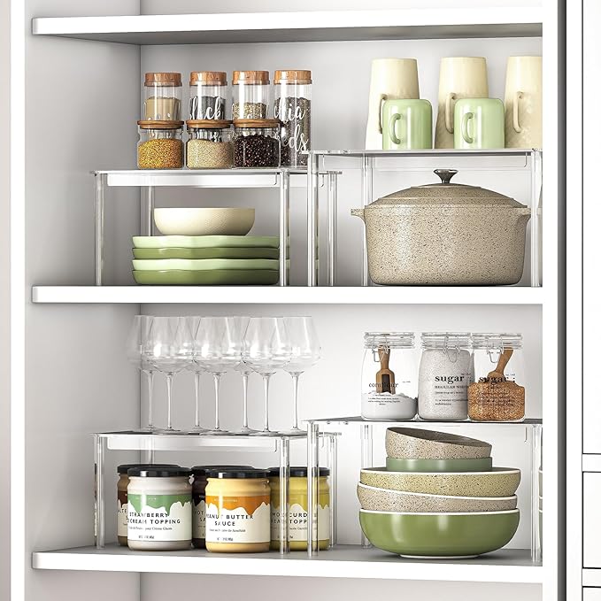 Delamu Cabinet Organizer Shelf for Kitchen, Set of 2 Acrylic Shelf Riser for Dish Organizer, Stackable Cabinet Riser for Counter, Pantry Organization and Storage, Clear