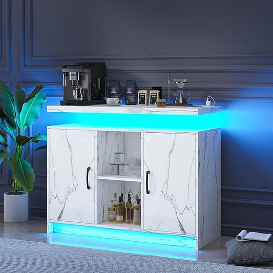 4 EVER WINNER Buffet Cabinet with Storage, Modern Coffee Bar with LED Lights and Charge Station, Sideboard Buffet Cabinets with Adjustable Shelves for Kitchen,Dining Room