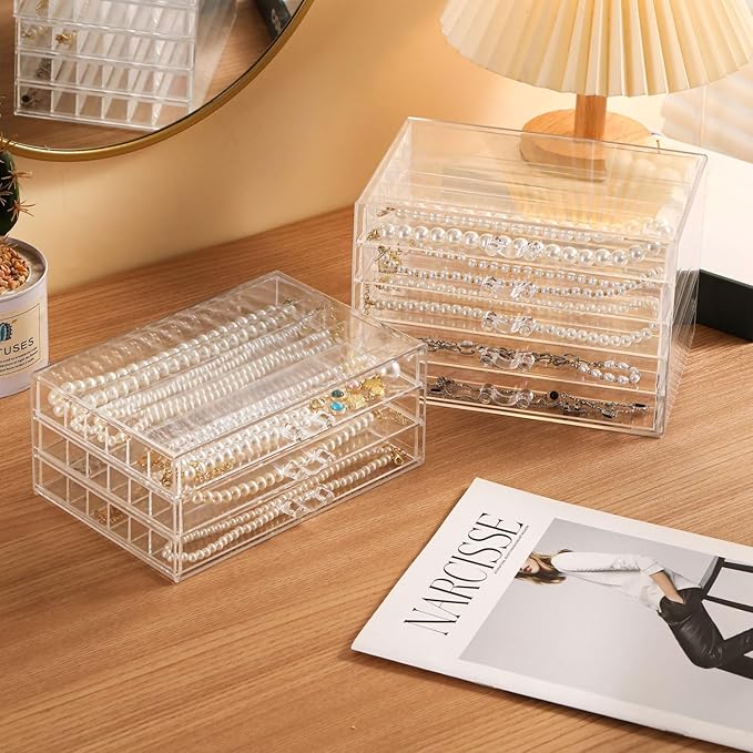 Necklace Organizer Box Tray with 3 Clear Drawers, Dustproof Necklaces Holder Storage Display Case, Necklace Tray Drawer for Pendant Suitable for Women and Girls (Transparent)