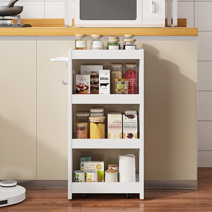 LIKIMIO 4 Tier Slim Storage Cart with Hooks, Wheels, Handle, Slide-Out Rolling Utility Cart for Small Spaces Kitchen, Narrow Mobile Shelving Unit Organizer Trolley, 15.7" L x 9.4" W