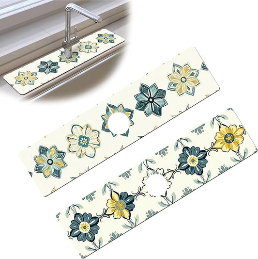 Bimkole 2 PCS Faucet Absorbent Mat, Kitchen Faucet Sink Splash Guard Wraparound Cloth Pads Drip Catcher for Sink Faucet for Kitchen Bathroom Faucet, Colorful Faucet Mat, 15 x 4 Inch Flower A2