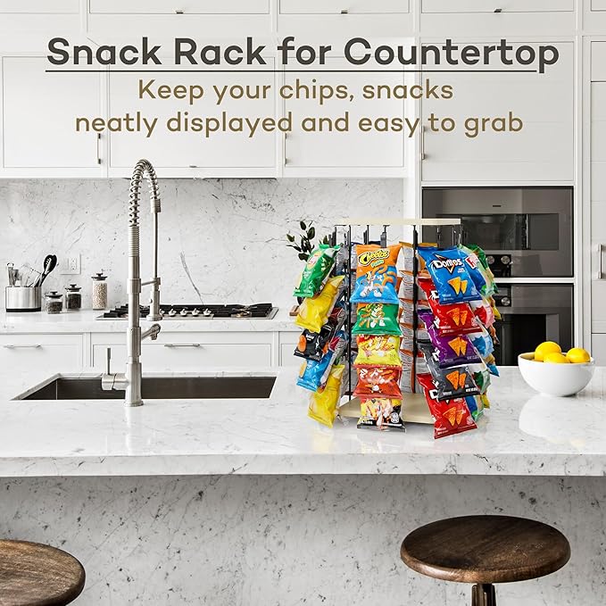 Funturbo Chip Rack Display Stand, 360°Rotating Chip Bag Holder with 5 Tiers 40 Clips, Snack Organizer for Countertop, Party, and Concession Stand