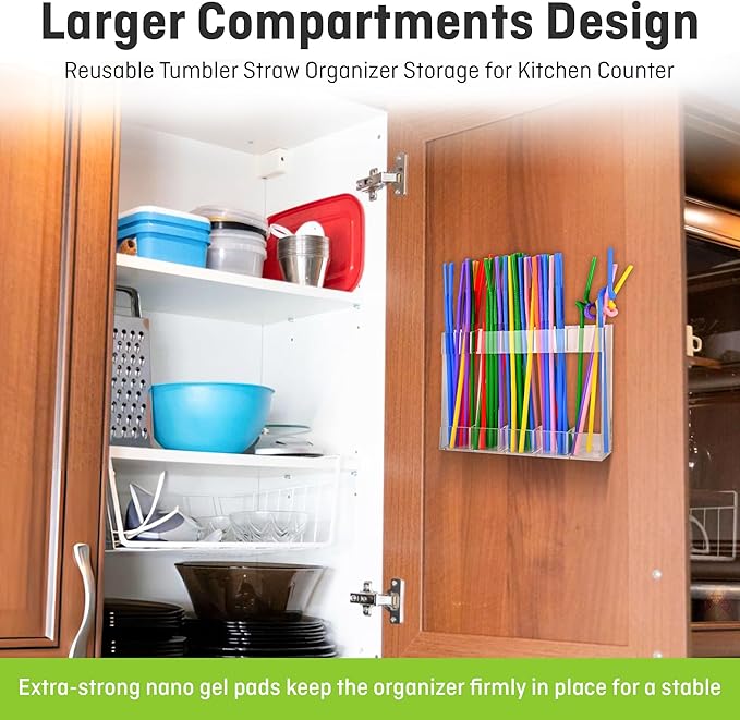9.5” Large Acrylic Straw Holder for Cabinet Door - Reusable Tumbler Straw Organizer Storage for Kitchen Counter - Space- Saving Kitchen Accessories Cabinet Dispenser