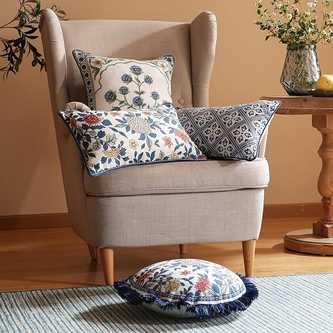 patdrea Designer Throw Pillow Covers Set of 2,Chinoiserie Blue Elegant Linen with Striped Floral Pattern Pillow Cover,Decorative Lumbar Pillowcases Cushion for Bed Living Room Outdoor Car,12"x20"