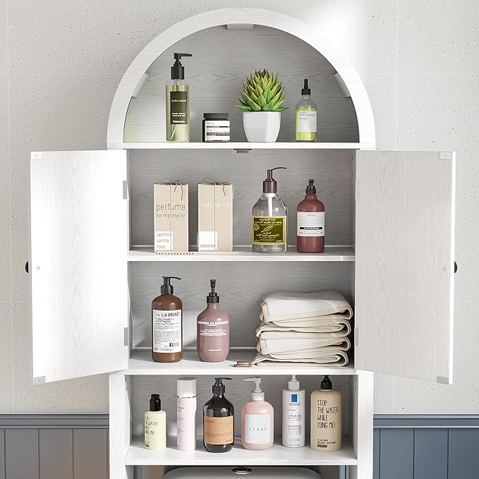 White Over The Toilet Storage Cabinet with Fluted Doors, 4 Tier Small Bathroom Shelf Organizer, Arched Bathroom Cabinet with Adjustable Shelf, Slim Narrow Toilet Rack, Wood, Anti-Tipping Device