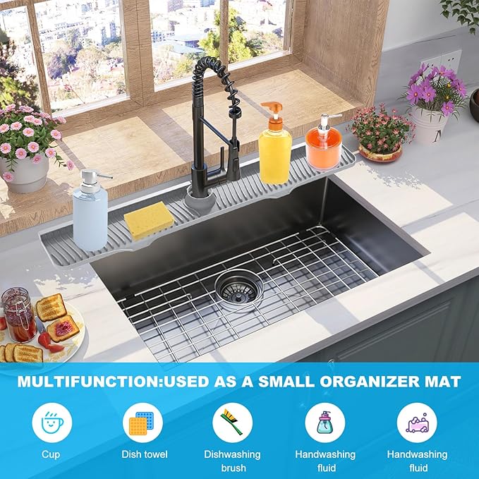Kitchen Sink Splash Guard, 32"x 5.5", Silicone Faucet Splash Guard, Longer Silicone Sink Mat for Kitchen, Bathroom, Laundry Room, Farmhouse, Bar & RV (Gray)