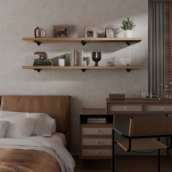 Long Wall Shelves 60 inch,Long Floating Shelf for Wall Set of 2, Large Shelves with Metal Brackets, Farmhouse Bookshelf for Bedroom, Living Room and Bathroom