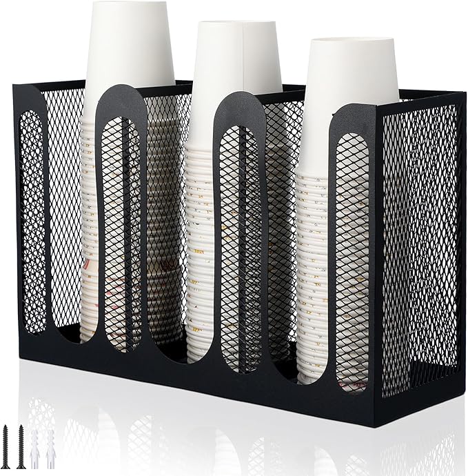 Maxcheck Metal Mesh Cup and Lid Holder Coffee Paper Cup Dispenser Lid Holder Storage Organizer Countertop or Wall Mount for Coffee Bar, Kitchen, Breakroom(3 Compartments)