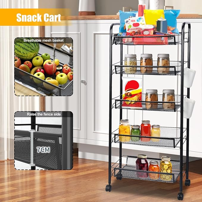 Fruit Vegetable Basket Storage Cart 5 Tier Snack Cart Stackable Metal Mesh Vegetable Organizer with 360 Degree Wheels 41 Inch High for Kitchen Bathroom Pantry Organizers and Storage Black