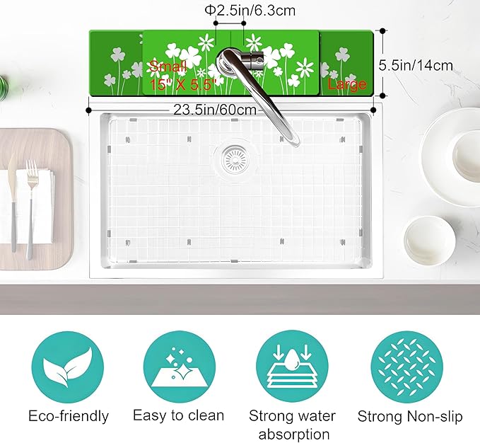 St Patrick's Day Splash Mat-Green Shamrock Super Absorbent Diatomite, Non-Slip & Fast Drying for Kitchen Sink 1 PC (23.5" X 5.5" )