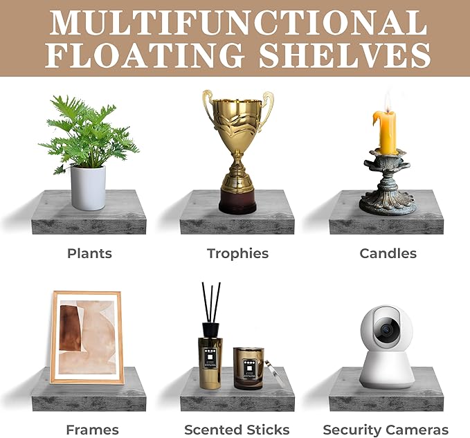 Sorbus Square Floating Shelf for Wall - 3 Small Shelves with Invisible Mounting Brackets for Living Room Decor, Bedroom, Bathroom Decor, Kitchen - 9" Rustic Grey Wall Shelf to Display Photos Trophies