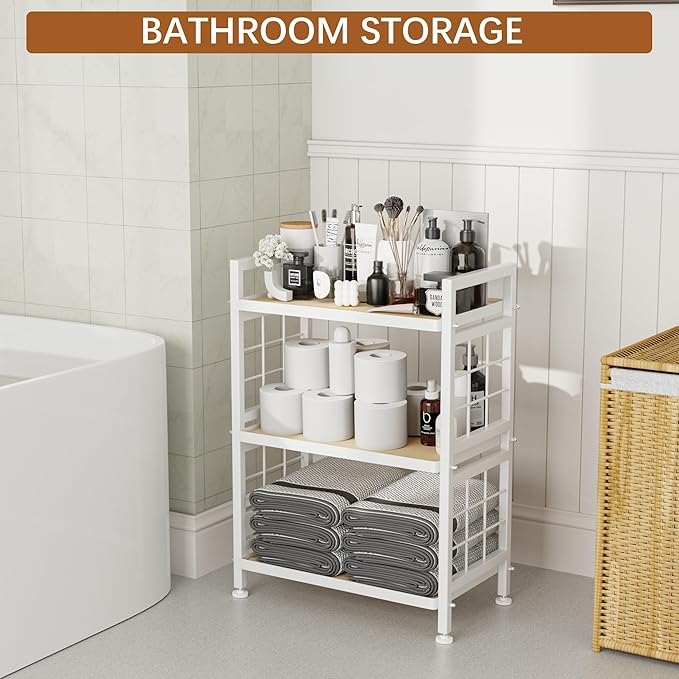 GIOTORENT 3-Tier Pantry Shelves with Wooden Boards, Heavy Duty Storage Shelves & Book Shelf, Adjustable Metal Shelving Unit for Kitchen Bathroom Laundry Organizer, Sturdy Rust-Resistant, White