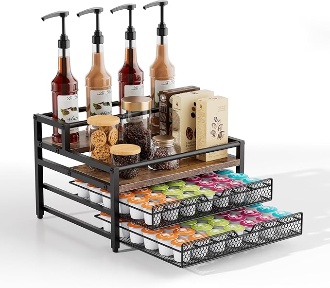4 Tier Coffee Syrup Rack Organizer, Coffee Bar Organizer with 2 Sliding Drawers for K Cup Holder, Coffee Pod Holder for Coffee Station, Kitchen or Office Countertop, Brown