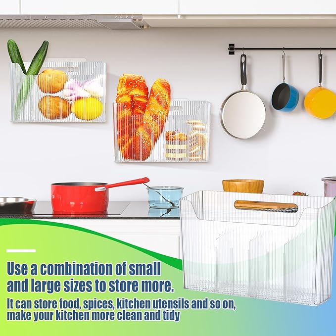 6 Pack Plastic Adhesive Mount Cabinet Door Organizer Bins Clear Wall Mounted Storage Organization Container Makeup Shelves Hanging Basket for Kitchen, Bathroom, Pantry, Space Saving Holder