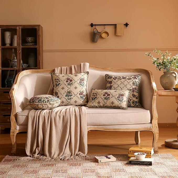 patdrea Designer Throw Pillow Covers,Square Euro Retro Style Light Brown Linen with Floral Pattern Pillow Cover,Decorative Pillowcases Cushion for Bed Living Room Outdoor Car,18"x18"