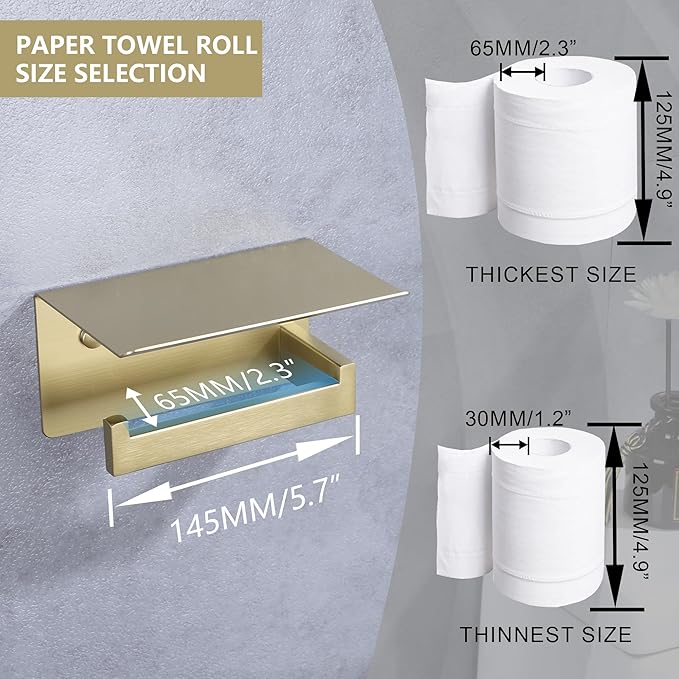 LANC Gold Toilet Paper Holder with Shelf, Adhesive or Screw Toilet Paper Roll Holder with Shelf for Bathroom Wall Mount, Stainless Steel Tissue Holder Dispenser,Brushed Gold Left, A8367BG-LF