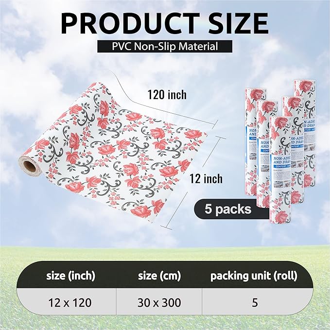 FIFTY FEET 12X120 Inch Shelf Liner for Kitchen Cabinets, PVC Drawer Liner for Dresser Non-Slip Bathroom, Non-Adhesive Cabinet Liner Washable (Red Floral)(5 Roll)