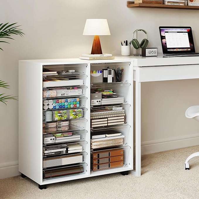 WOPITUES Rolling Cart with Wooden Tabletop, Mobile Storage Cabinet with 15 Clear Drawers, Craft Cabinet with 5 Large Drawers, Printer Stand Home Office, White Dresser Chest