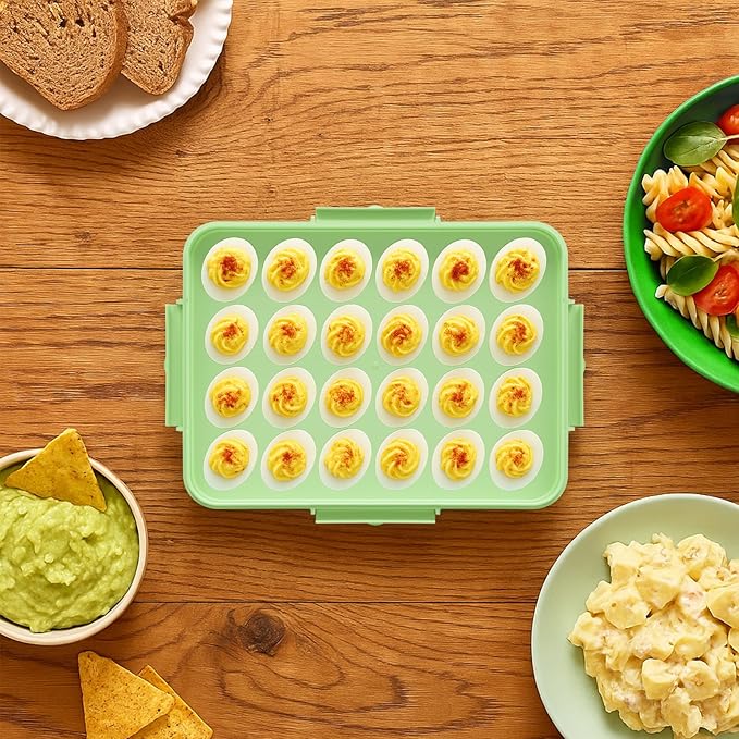 Deviled Egg Containers with Lid - 2 Pack 48 Count Reusable Platter Storage Tray with Handle for Refrigerator, Party, Thanksgiving, Christmas, Easter, Potlucks, Tea Parties, Picnics, Brunches (Green)