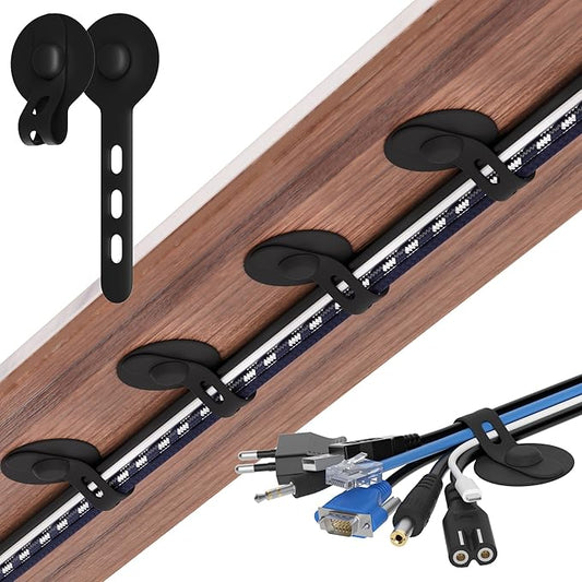 Nearockle Cable Management Under Desk, Adjustable Self-Adhesive Silicone Cable Ties Cord Organizer, Reusable Heavy-Duty Cord Holder Under Table for Office, Home, School (10Pcs-Black)