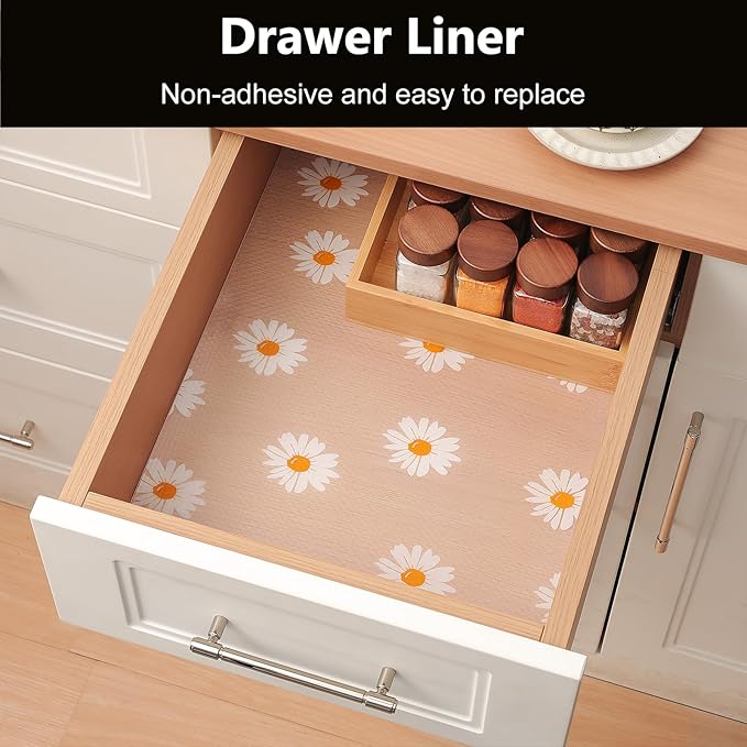 INNOLITES Shelf Liners for Kitchen Cabinets – Drawer Liner Waterproof & Oil-Proof, Non-Adhesive EVA with Floral Pattern – Durable Washable, Easy to Clean (Clean Daisy, 23.6" x 236")