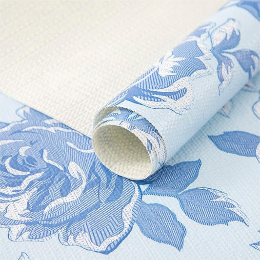 FIFTY FEET 12X120 Inch Shelf Liner for Kitchen Cabinets, PVC Drawer Liner for Dresser Non-Slip Bathroom, Non-Adhesive Cabinet Liner Washable (Blue Flower)(1 Roll)