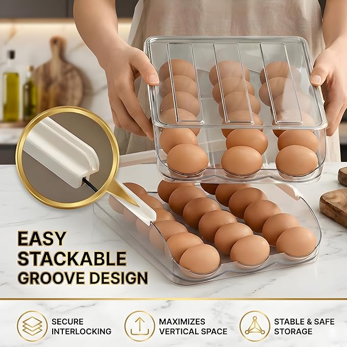 Egg Holder for Fridge, Automatic Rolling Egg Organizer for Refrigerator, Clear Plastic Storage for Refrigerator with Lid, Large Capacity Dispenser, Stackable Container (1 Layer 18 Holder Eggs)