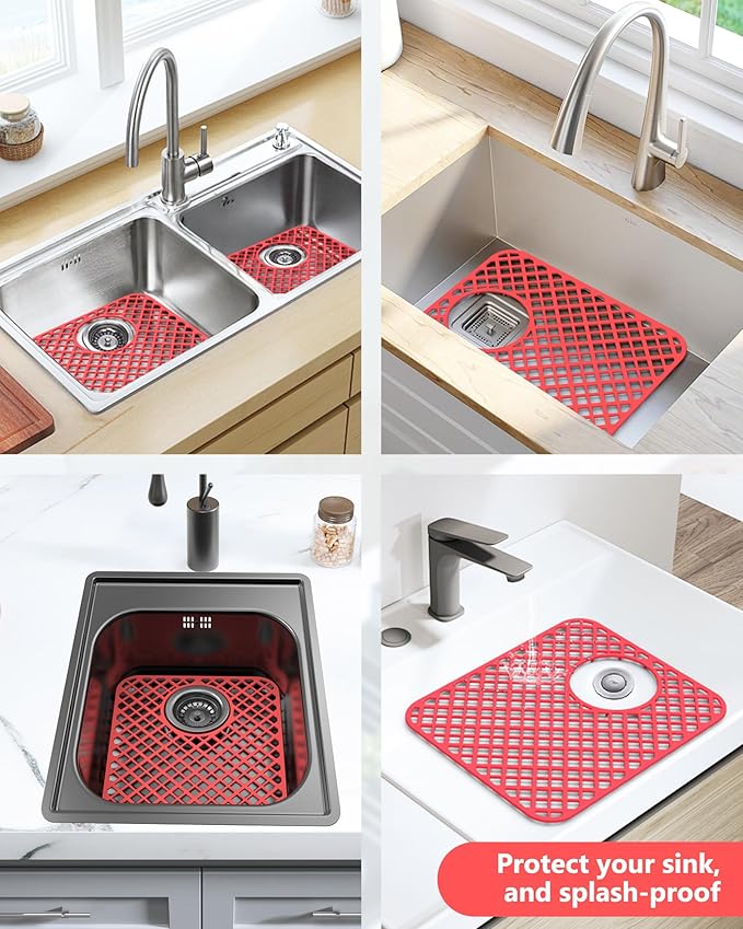 BEHOK 2 Pack Silicone Sink Protectors for Kitchen Sink, Lozenge Pattern 13 x 11 Inches Sink Mat, Non-Slip and Durable Sink Protector Silicone, Rear Drain, Red