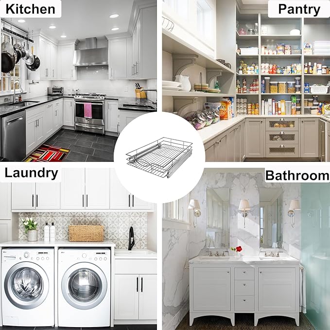 Pull Out Cabinet Organizer, Heavy Duty Kitchen Cabinet Pull Out Shelves, Slide Out Wire Basket for Kitchen Cabinets, Bathroom, Pantry, Chrome Finish (11 * 17 in)