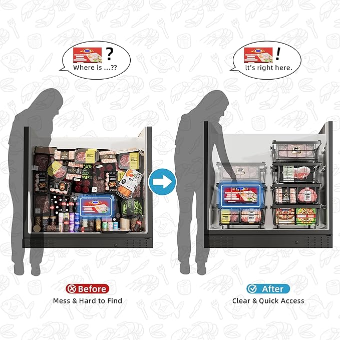 Deep freezer organizer bins-Fit 10 to 20 Cu.FT，2 Pcs stackable wire baskets for freezer，Vegetable Fruit Basket，kitchen countertop organizer，pantry organizers and storage，Expandable length 11.42-17.91"