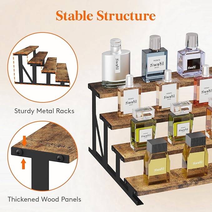 Lifewit Cologne Organizer for Men, Wooden Perfume Stand, 4 Tier Display Riser for Fragrance, Aftershave, Skincare Makeup for Vanity, Bedroom, Bathroom Storage, Rustic Brown, 1 Pcs, 35 cm/14"