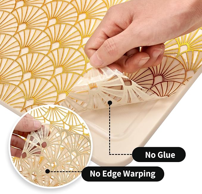 Shelf and Drawer Liner for Kitchen Cabinet,Non-Adhesive Waterproof Oil-Proof Easy Clean Shelf Liner for Dresser & Bathroom Vanities with Adhesive Dots & Cutting Tool(12 in X 20 Ft Gold Fish Scale)