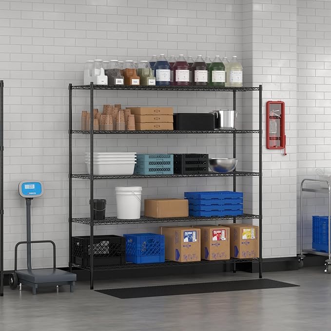 Commercial NSF Listed Black Epoxy Stationary Wire Shelving Kit 21" x 72" x 74", with 5 Shelves Perfect for Warehouse, Walk-in Refrigerator, Freezer, Grocery Store, Restaurant, Dishroom