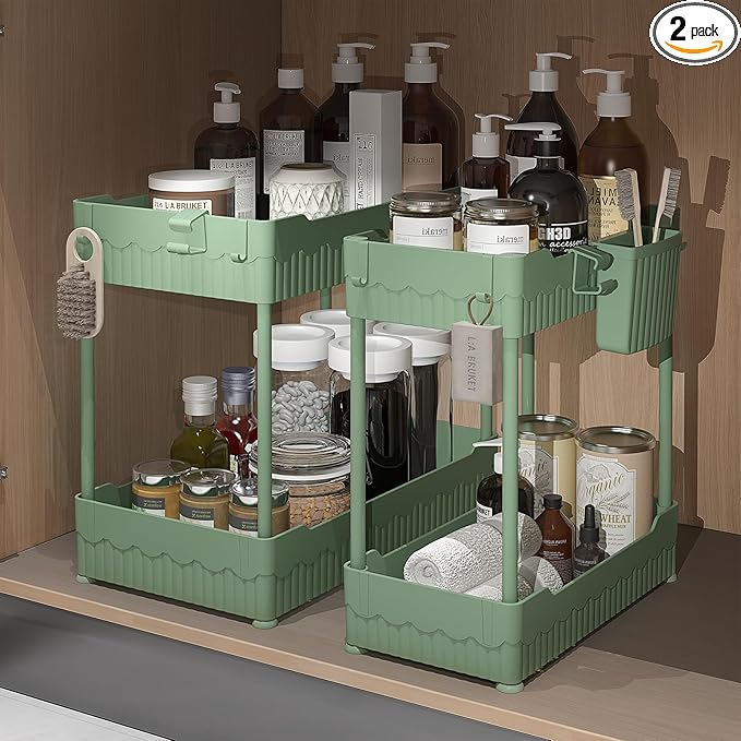 Sevenblue 2 Pack Under Sink Organizer, Under Bathroom Cabinet Organizer with Hooks Hanging Cup, Multi-Purpose Storage Shelf for Kitchen Bathroom (Green, XL)