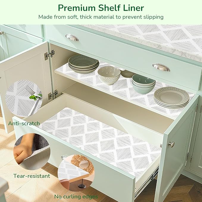 Shelf Drawer Liner for Kitchen Cabinets Non-Adhesive Shelf Liner Paper Non-Slip Strong Grip Drawer Liner Cabinet Liners Thickened Easy to Clean for Tool Box Pantry (Striped, 17.5In x 20FT)