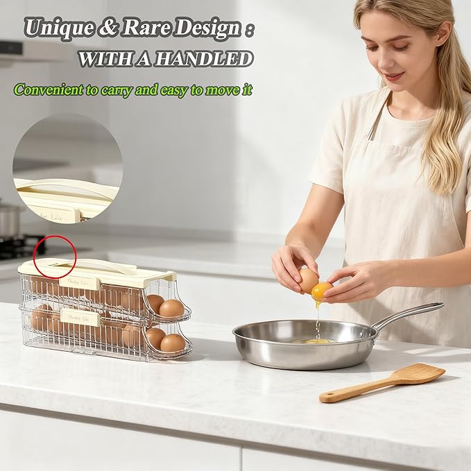 Egg Holder for Fridge Automatic Rolling, Egg Storager Container Organizer Dispenser for Refrigerator Stackable Removable Inner Tray, Egg Accessories (Clear, 1 Row-2 Tiers)