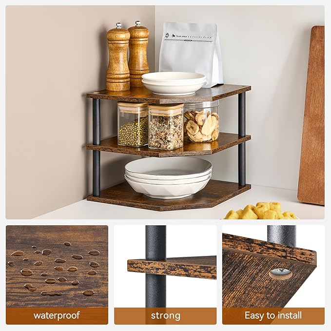 Wooden 3-Tier Corner Shelf, Kitchen Countertop Dish & Bread Organizer Counter Stand Storage for Desktop Bedroom Bathroom Small Space