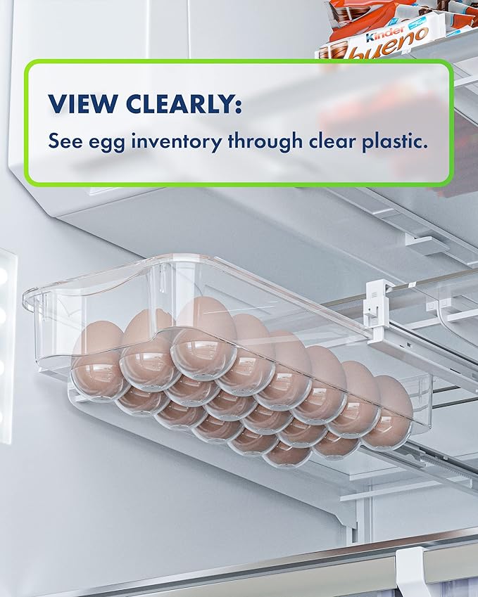 Skywin TidyFriend Refrigerator Egg Drawer 14"x7.5"x3.95" – Snap-On Egg Holder with Pull-Out Drawer, Holds 18 Eggs, Fits Flat Fridge Shelves 14.1–16.3 in Long and 0.93–1.32 in Thick
