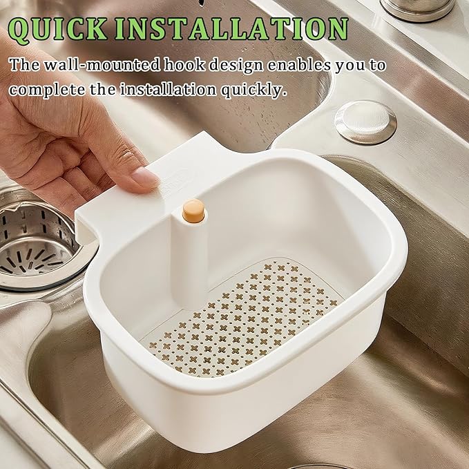 Kitchen Sink Drain Strainer Basket - Hanging Sink Drain Basket with One-Touch Drain Mesh, Kitchen Sink Food Catcher Basket Storage Organizer (White)