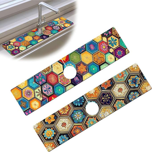 Bimkole 2 PCS Faucet Absorbent Mat, Kitchen Faucet Sink Splash Guard Wraparound Cloth Pads Drip Catcher for Sink Faucet for Kitchen Bathroom Faucet, Colorful Faucet Mat, 15 x 4 Inch Flower A7
